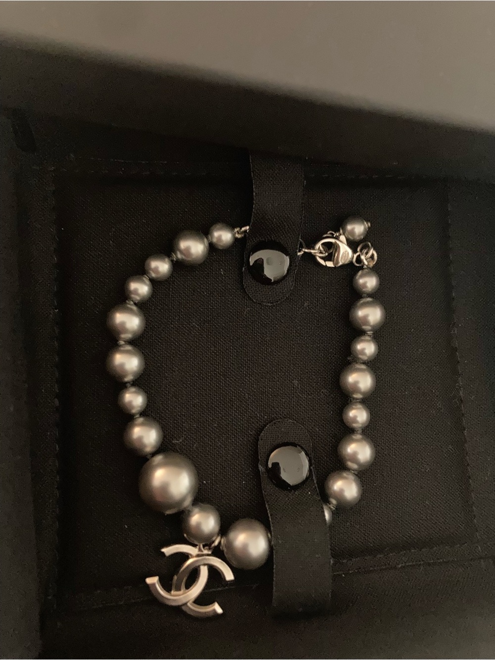 CHANEL Silver Gray Pearl CC Charm Bracelet
